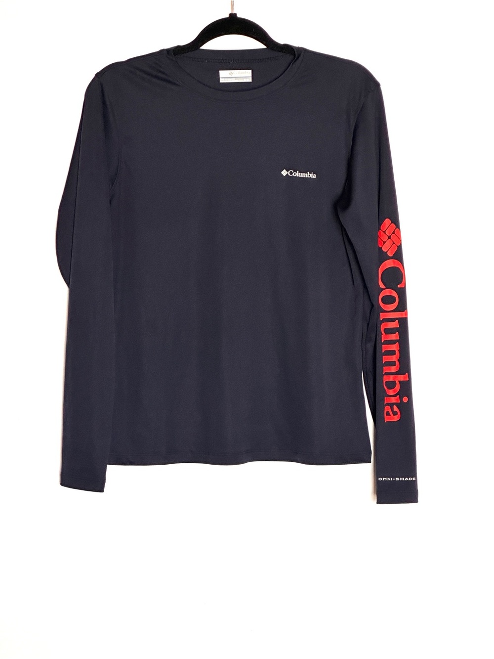 Columbia Women’s Long Sleeve Logo Tee - Navy with Red Sleeve Print Swim Top